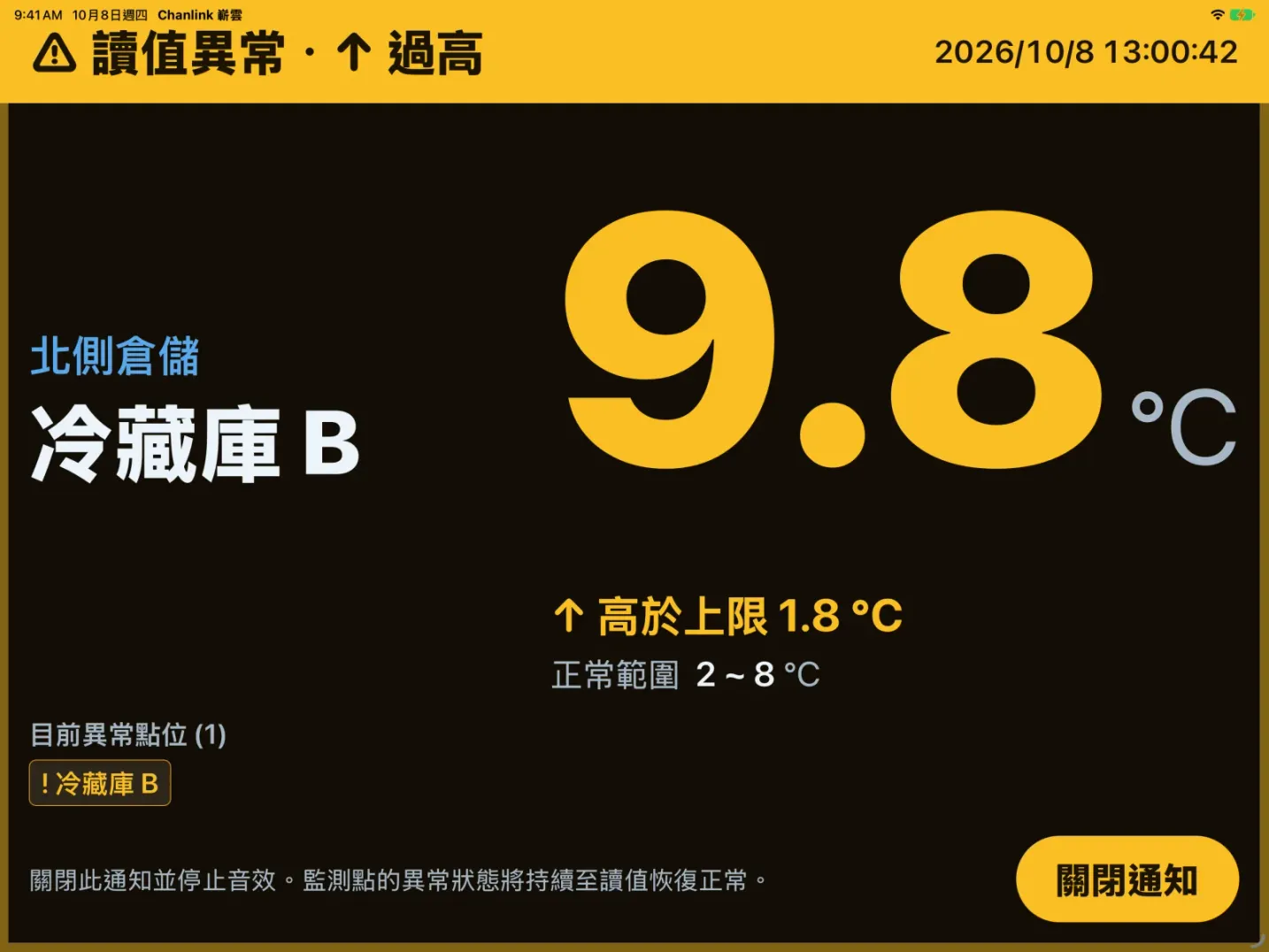 タブレットの全画面アラート：冷蔵庫 B の測定値異常（デモデータ）